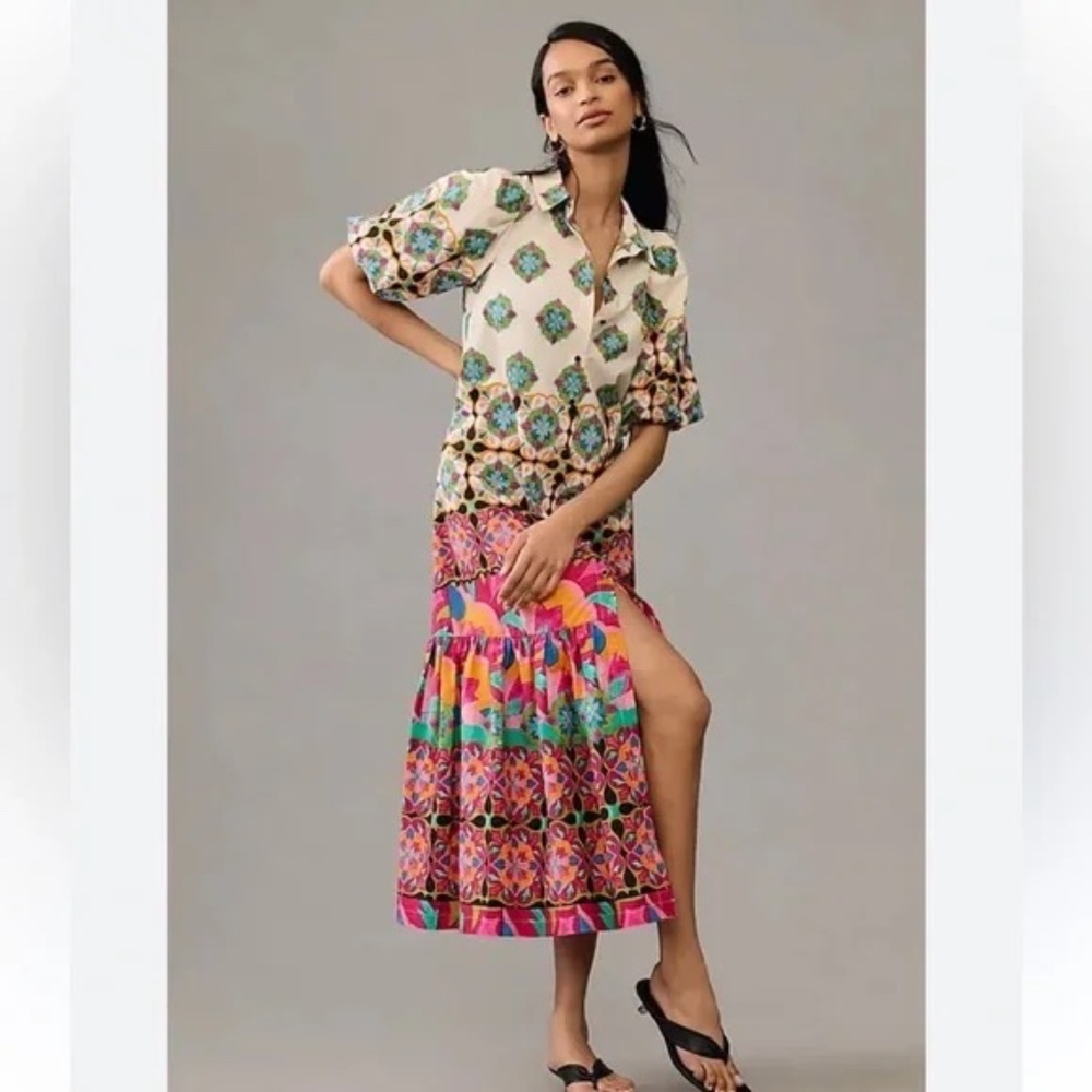 ANTHROPOLOGIE MIXED PRINT BUTTONDOWN MAXI DRESS, XSMALL